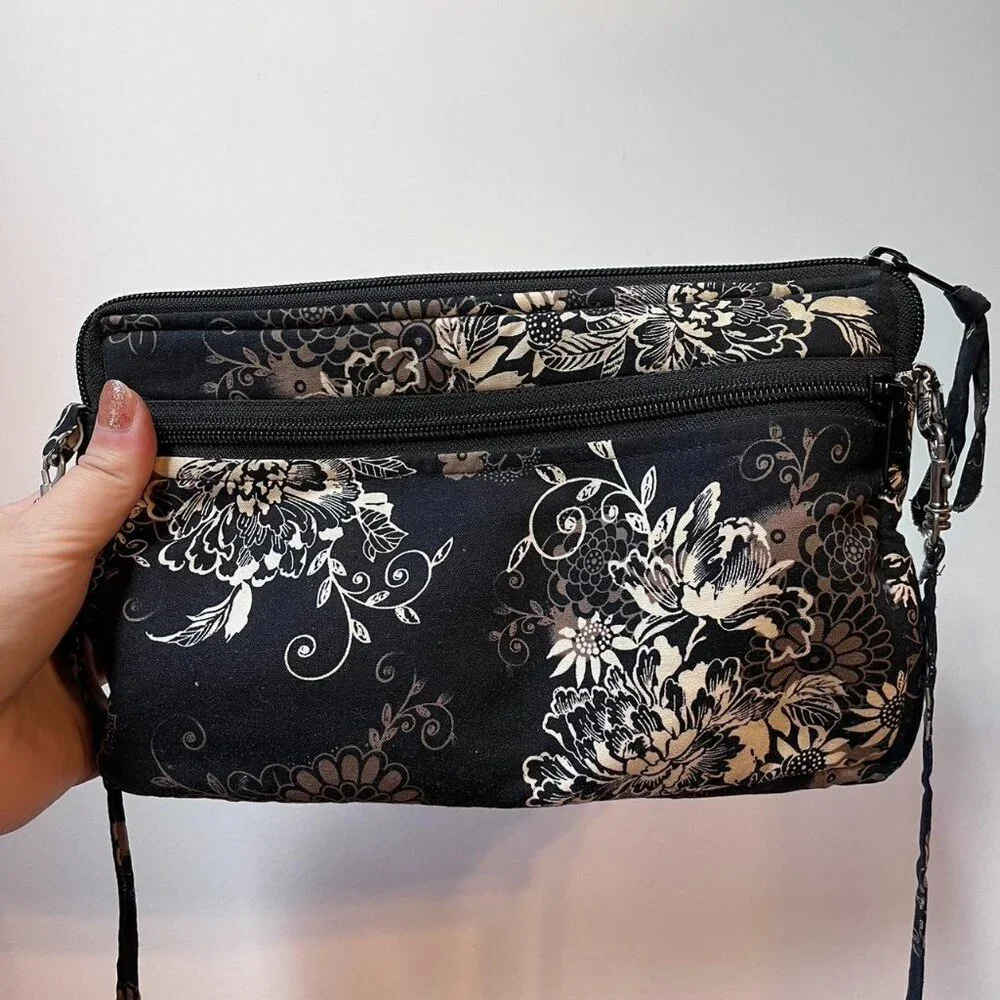 Black and‎ Cream Floral Crossbody Bag w Adjustable Strap